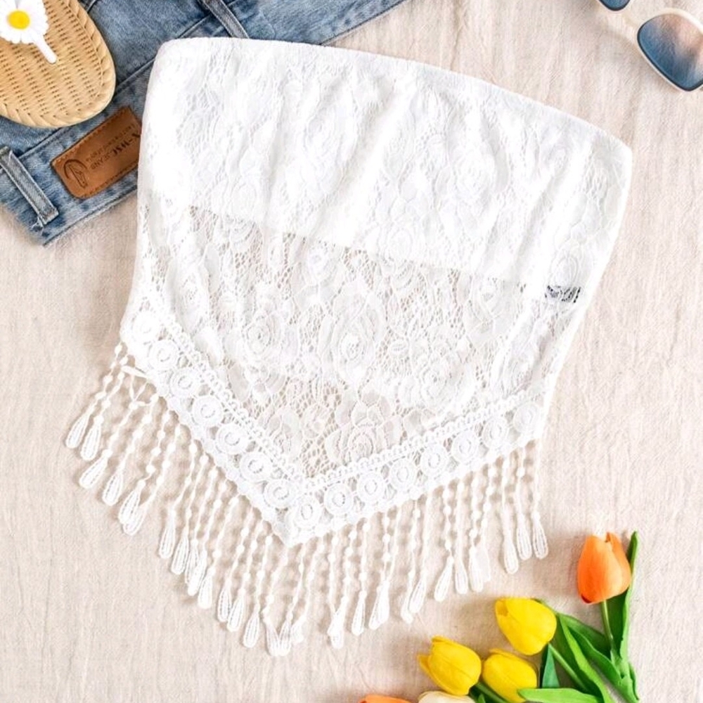*SOLD* Elegant White Lace Fringe Tube Top